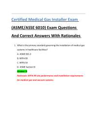 Certified Medical Gas Installer Exam (ASME/ASSE 6010) Exam Questions And Correct Answers