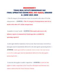 BRANDNEW!!! TEXAS REAL ESTATE BROKERAGE SAE FINAL &PRACTICE EXAM/REAL 450+Qs&As| GRADED A+