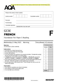 2025 AQA GCSE FRENCH Foundation Tier Paper 3 Reading Combined Question Paper with Final Ma