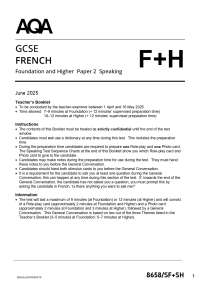 2025 ACTUAL AQA GCSE FRENCH Foundation and Higher 8658/SF+SH Paper 2 Speaking Question pa