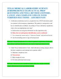 TEXAS MEDICAL LABORATORY SCIENCE JURISPRUDENCE EXAM ACTUAL PREP QUESTIONS AND WELL REVIS