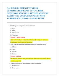 CALIFORNIA SIDING INSTALLER CERTIFICATION EXAM ACTUAL PREP QUESTIONS AND WELL REVISED AN