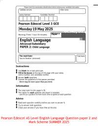 Pearson Edexcel AS Level English Language Question paper 2 and Mark Scheme SUMMER 2025