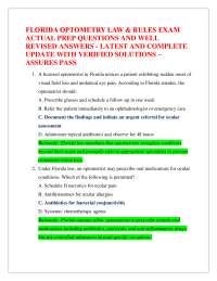 FLORIDA OPTOMETRY LAW & RULES EXAM ACTUAL PREP QUESTIONS AND WELL REVISED ANSWERS - LATE