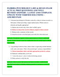 FLORIDA PSYCHOLOGY LAWS & RULES EXAM ACTUAL PREP QUESTIONS AND WELL REVISED ANSWERS - LA