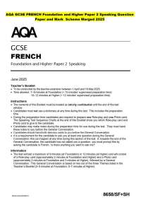AQA GCSE FRENCH Foundation and Higher Paper 2 Speaking Question Paper and Mark Scheme Me