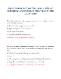 DELGADO BIOLOGY 141 FINAL EXAM 2026-2027 QUESTIONS AND CORRECT ANSWERS GRADED A+ LATEST!!