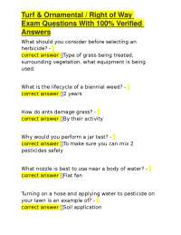 Turf & Ornamental / Right of Way Exam Questions With 100% Verified Answers