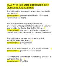 RDA WRITTEN State Board Exam set 1 Questions And Answers