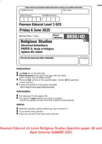 Pearson Edexcel AS Level Religious Studies Question paper 4D and Mark Scheme SUMMER 2025