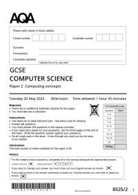 Actual 2025 AQA GCSE COMPUTER SCIENCE 8525/2 Paper 2 Merged Question Paper + Mark Scheme