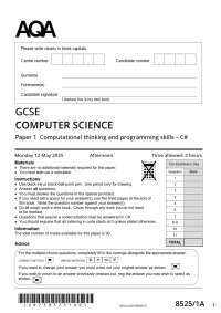 Actual 2025 AQA GCSE COMPUTER SCIENCE 8525/1A, 8525/1B, 8525/1C Paper 1 QP + Mark Scheme A
