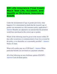 NM Life Insurance Final Exam Mock Test Life, Accident, and Health or Sickness Insurance EX