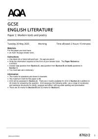 Actual 2025 AQA GCSE ENGLISH LITERATURE 8702/2 Paper 2 Modern texts and poetry Question Pa
