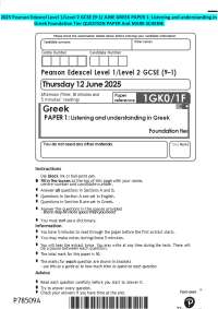 2025 Pearson Edexcel Level 1/Level 2 GCSE (9–1) JUNE GREEK PAPER 1: Listening and understa