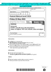 2025 Pearson Edexcel Level 3 GCE MAY HISTORY Advanced PAPER 1: Breadth study with interpre