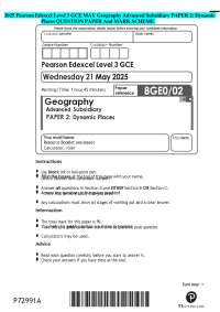 2025 Pearson Edexcel Level 3 GCE MAY Geography Advanced Subsidiary PAPER 2: Dynamic Places