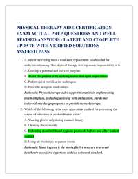 PHYSICAL THERAPY AIDE CERTIFICATION EXAM ACTUAL PREP QUESTIONS AND WELL REVISED ANSWERS