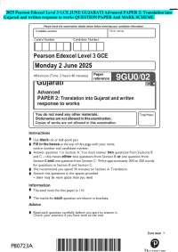 2025 Pearson Edexcel Level 3 GCE JUNE GUJARATI Advanced PAPER 2: Translation into Gujarati