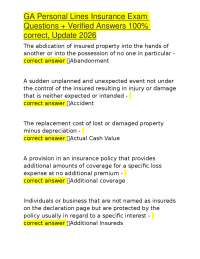 GA Personal Lines Insurance Exam Questions + Verified Answers 100% correct, Update 2026