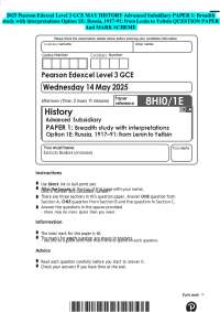 2025 Pearson Edexcel Level 3 GCE MAY HISTORY Advanced Subsidiary PAPER 1: Breadth study wi