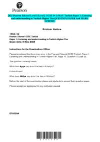 2025 Pearson Edexcel Level 1/Level 2 GCSE (9–1) MAY Turkish Paper 1: Listening and underst
