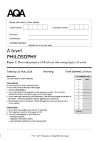 2025 AQA A-Level Philosophy Paper 2 Metaphysics of God & Mind Verified Exam+Mark Scheme