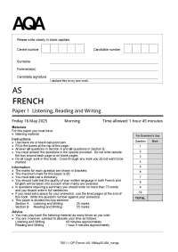 2025 AQA AS French Paper 1 Listening, Reading and Writing Verified Exam +Marking Scheme Me