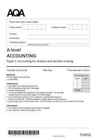 AQA A-LEVEL ACCOUNTING Paper 2 Accounting for analysis and decision making JUNE 2025 Combi