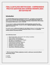 FINAL CLUB PILATES WRITTEN EXAM – COMPREHENSIVE PRACTICE QUESTIONS WITH VERIFIED ANSWERS