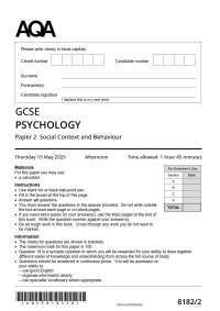2025 AQA GCSE PSYCHOLOGY 8182/2 PAPER 2 SOCIAL CONTEXT & BEHAVIOUR QUESTION PAPER + MARK S