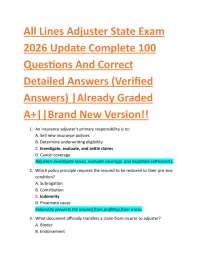All Lines Adjuster State Exam 2026 Update Complete 100 Questions And Correct Detailed A