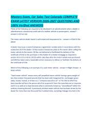 Mastery Exam, Car Sales Test Colorado COMPLETE EXAM LATEST VERSION 2026-2027 QUESTIONS AND