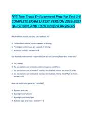 NYS Tow Truck Endorsement Practice Test 1-6 COMPLETE EXAM LATEST VERSION 2026-2027 QUESTIO