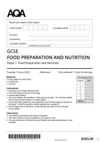 . 2025 ACTUAL AQA GCSE FOOD PREPARATION AND NUTRITION 8585/W Paper 1 Food Preparation a