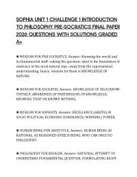SOPHIA UNIT 1 CHALLENGE 1 INTRODUCTION TO PHILOSOPHY PRE-SOCRATICS ASSESSMENT PAPER 2026 Q