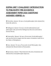 SOPHIA UNIT 1 CHALLENGE 1 INTRODUCTION TO PHILOSOPHY PRE-SOCRATICS PRACTICE TEST 2026 QUES
