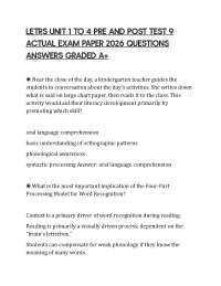 LETRS UNIT 1 TO 4 PRE AND POST TEST 9 ACTUAL EXAM PAPER 2026 QUESTIONS ANSWERS GRADED A+