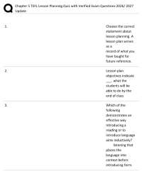 Chapter 5 TEFL Lesson Planning Quiz with Verified Exam Questions 2026/ 2027 Update