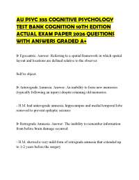 AU PSYC 355 COGNITIVE PSYCHOLOGY TEST BANK COGNITION 10TH EDITION ACTUAL EXAM PAPER 2026 Q
