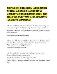 AU PSYC 355 COGNITION 10TH EDITION THOMAS A FARMER MARGARET W MATLIN TEST BANK EXAMINATION