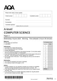 Actual 2025 AQA A-level COMPUTER SCIENCE 7517/2 Paper 2 Merged Question Paper + Mark Schem