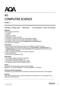 Actual 2025 AQA AS COMPUTER SCIENCE 7516/1 Paper 1 Merged Question Paper + Mark Scheme