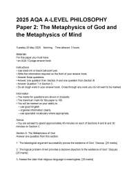 2025 AQA A-LEVEL PHILOSOPHY Paper 2: The Metaphysics of God and the Metaphysics of Mind