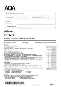 Actual 2025 AQA A-level FRENCH 7652/1 Paper 1 Listening, Reading and Writing Question Pape