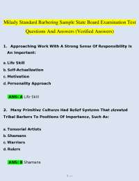 Milady Standard Barbering Sample State Board Examination Test | Verified Questions and Ans