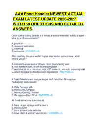 AAA Food Handler NEWEST ACTUAL EXAM LATEST UPDATE 2026-2027 WITH 150 QUESTIONS AND DETAILE