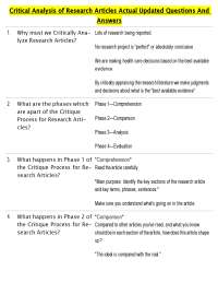 Critical Analysis of Research Articles Actual Updated Questions And Answers