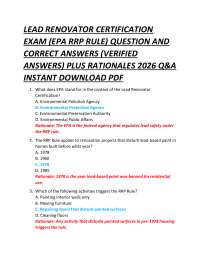 LEAD RENOVATOR CERTIFICATION EXAM (EPA RRP RULE) QUESTION AND CORRECT ANSWERS