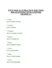 FTCE ESOL K-12 PRACTICE SOLUTION 2026 QUESTIONS WITH ANSWERS GRADED A+
